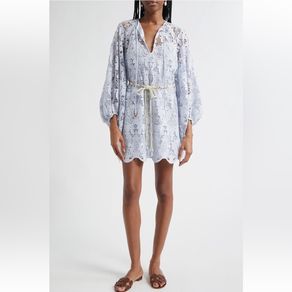 Final Zimmermann Coco Long Sleeve Guipure Lace Dress In Powder Blue Various